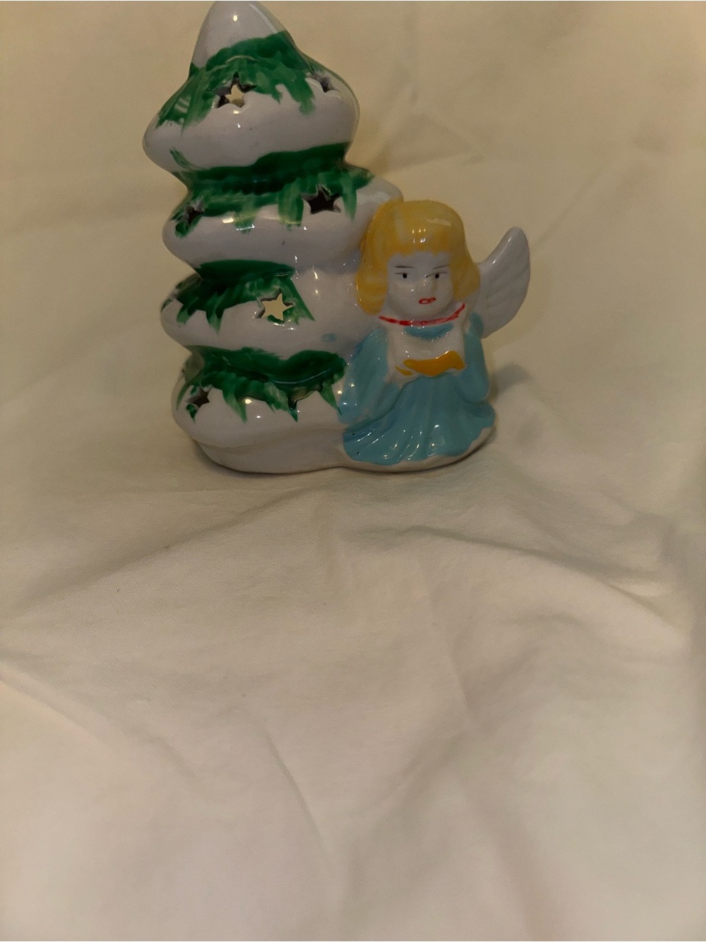 Ceramic Angel with Green Christmas Tree  Vintage Holiday Figurine